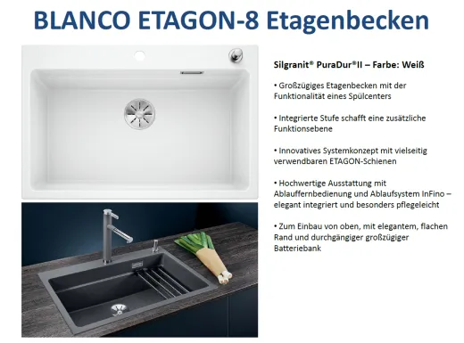 BLANCO Kchensple Etagon 8 Silgranit PuraDurII Granitsple / Einbausple Ablaufsystem InFino mit Zugknopfventil