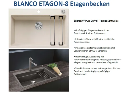 BLANCO Kchensple Etagon 8 Silgranit PuraDurII Granitsple / Einbausple Ablaufsystem InFino mit Zugknopfventil