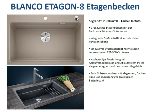 BLANCO Kchensple Etagon 8 Silgranit PuraDurII Granitsple / Einbausple Ablaufsystem InFino mit Zugknopfventil