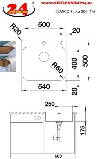 BLANCO Kchensple Supra 500-IF/A Edelstahlsple / Einbausple Flachrand mit Hahnlochbank Siebkorb als Zugknopfventil
