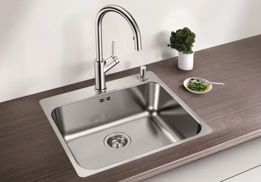 BLANCO Kchensple Supra 500-IF/A Edelstahlsple / Einbausple Flachrand mit Hahnlochbank Siebkorb als Zugknopfventil