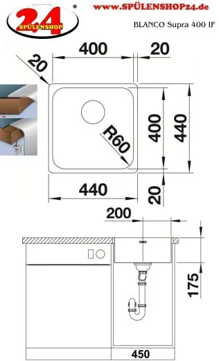 BLANCO Kchensple Supra 400-IF Edelstahlsple / Einbausple Flachrand Siebkorb als Stopfenventil Handbettigung