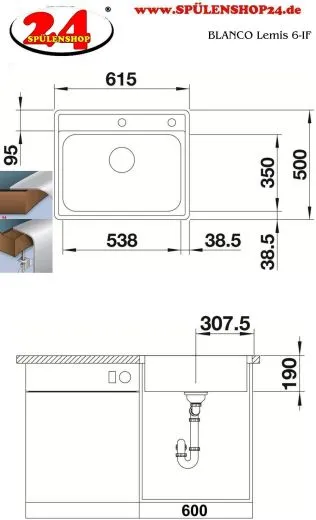 BLANCO Kchensple Lemis 6-IF Edelstahlsple / Einbausple Flachrand und Hahnlochbank mit Drehknopfventil