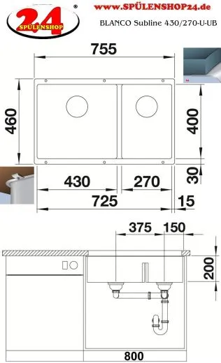 BLANCO Subline 430/270-U Silgranit PuraDurII Granitsple / Unterbaubecken Ablaufsystem InFino mit Handbettigung