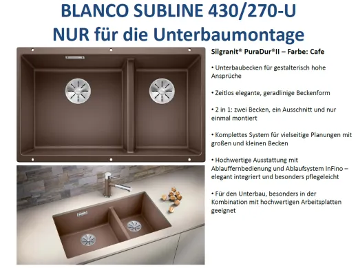 BLANCO Subline 430/270-U Silgranit PuraDurII Granitsple / Unterbaubecken Ablaufsystem InFino mit Handbettigung
