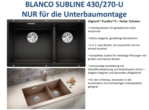 BLANCO Subline 430/270-U Silgranit PuraDurII Granitsple / Unterbaubecken Ablaufsystem InFino mit Handbettigung