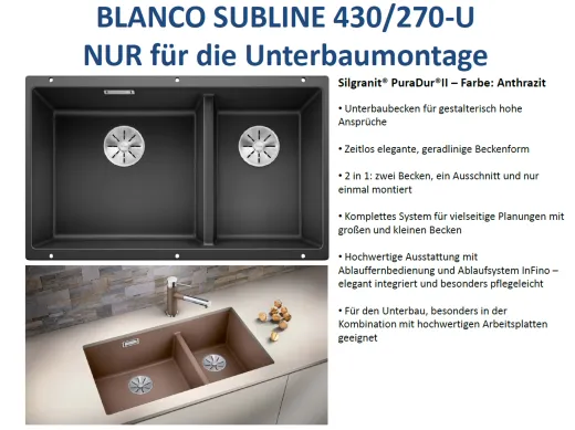 BLANCO Subline 430/270-U Silgranit PuraDurII Granitsple / Unterbaubecken Ablaufsystem InFino mit Handbettigung