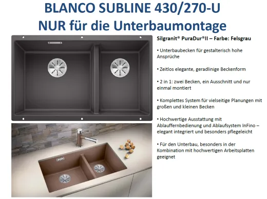BLANCO Subline 430/270-U Silgranit PuraDurII Granitsple / Unterbaubecken Ablaufsystem InFino mit Handbettigung