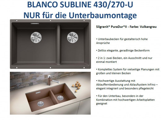 BLANCO Subline 430/270-U Silgranit PuraDurII Granitsple / Unterbaubecken Ablaufsystem InFino mit Handbettigung