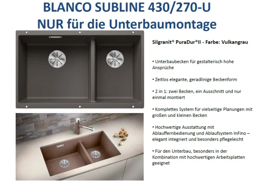 BLANCO Subline 430/270-U Silgranit PuraDurII Granitsple / Unterbaubecken Ablaufsystem InFino mit Handbettigung