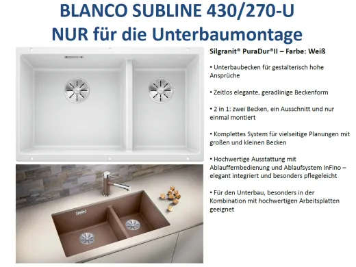 BLANCO Subline 430/270-U Silgranit PuraDurII Granitsple / Unterbaubecken Ablaufsystem InFino mit Handbettigung