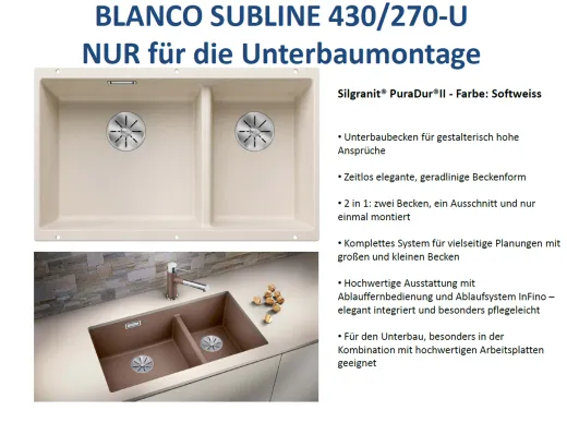 BLANCO Subline 430/270-U Silgranit PuraDurII Granitsple / Unterbaubecken Ablaufsystem InFino mit Handbettigung