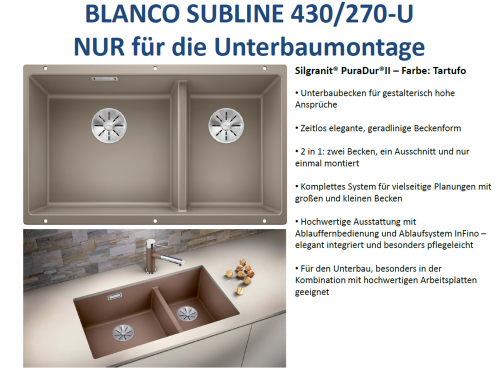 BLANCO Subline 430/270-U Silgranit PuraDurII Granitsple / Unterbaubecken Ablaufsystem InFino mit Handbettigung