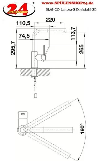 BLANCO Kchenarmatur Lanora-S Edelstahl massiv Einhebelmischer mit Zugauslauf als Schlauchbrause Niederdruck