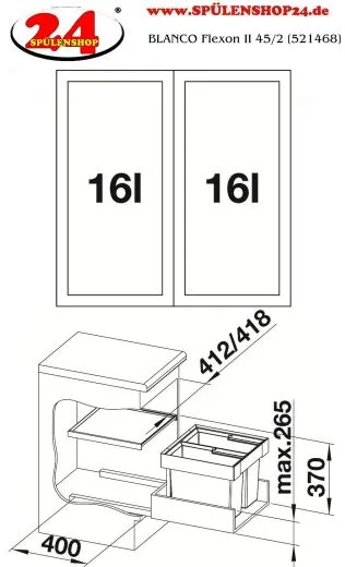 BLANCO Abfalltrennsystem Flexon II 45/2 Abfallsystem mit Systemdeckel zum Einbau in Schubksten ab 45cm Unterschrank