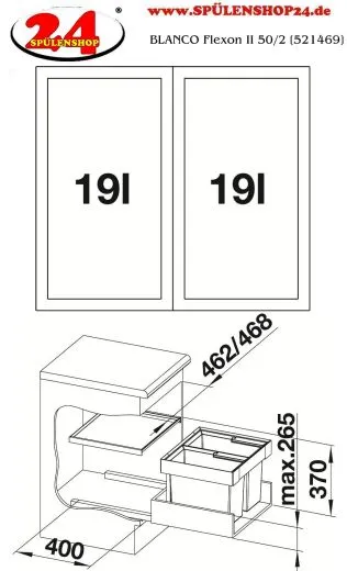 BLANCO Abfalltrennsystem Flexon II 50/2 Abfallsystem mit Systemdeckel zum Einbau in Schubksten ab 50cm Unterschrank