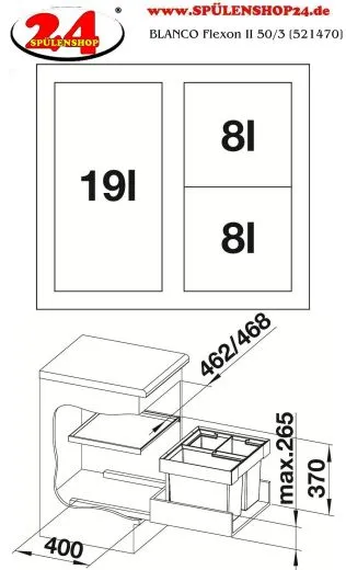 BLANCO Abfalltrennsystem Flexon II 50/3 Abfallsystem mit Systemdeckel zum Einbau in Schubksten ab 50cm Unterschrank