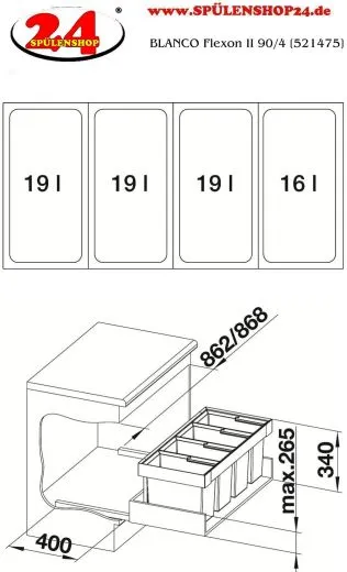 BLANCO Abfalltrennsystem Flexon II 90/4 Abfallsystem zum Einbau in Schubksten ab 90cm Unterschrank