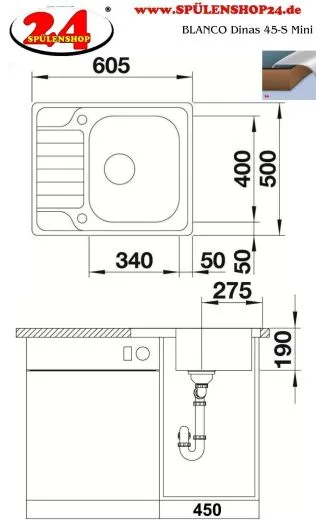 BLANCO Kchensple Dinas 45-S Mini Edelstahlsple / Einbausple mit Siebkorb als Drehknopfventil
