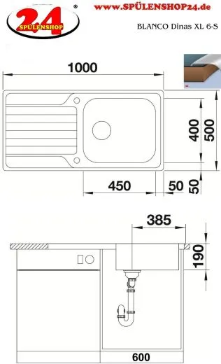 BLANCO Kchensple Dinas XL 6-S Einbausple / Edelstahlsple Siebkorb als Drehknopfventil