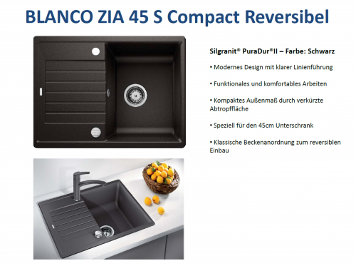 x BLANCO Kchensple Zia 45 S Compact Silgranit PuraDurII Granitsple / Einbausple mit Drehknopfventil