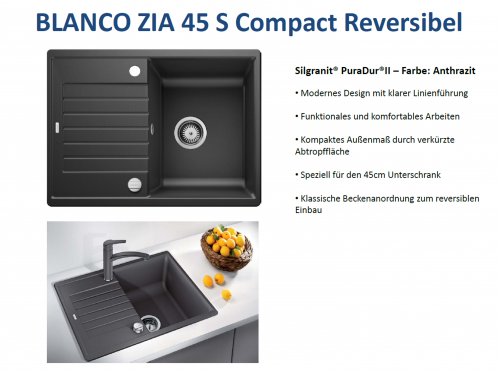x BLANCO Kchensple Zia 45 S Compact Silgranit PuraDurII Granitsple / Einbausple mit Drehknopfventil