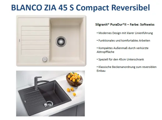 ❎ BLANCO Kchensple Zia 45 S Compact Silgranit PuraDurII Granitsple / Einbausple mit Drehknopfventil
