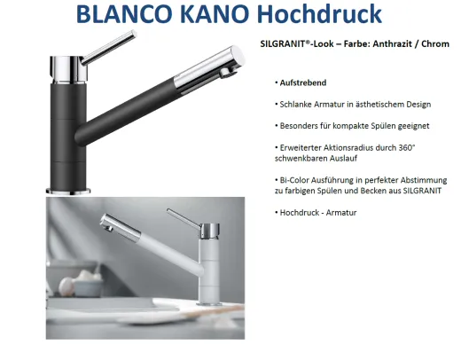 BLANCO Kchenarmatur Kano Silgranit-Look Einhebelmischer mit Festauslauf 360 schwenkbarer Auslauf in 6 Farben