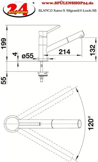 BLANCO Kchenarmatur Kano Silgranit-Look Einhebelmischer mit Zugauslauf 120 schwenkbarer Auslauf