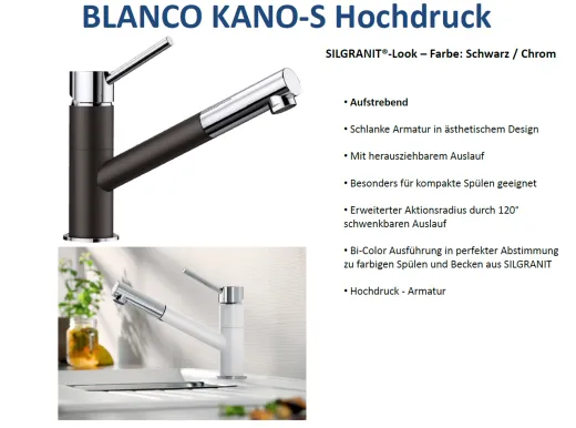 BLANCO Kchenarmatur Kano Silgranit-Look Einhebelmischer mit Zugauslauf 120 schwenkbarer Auslauf