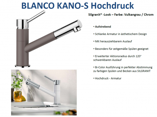 BLANCO Kchenarmatur Kano Silgranit-Look Einhebelmischer mit Zugauslauf 120 schwenkbarer Auslauf
