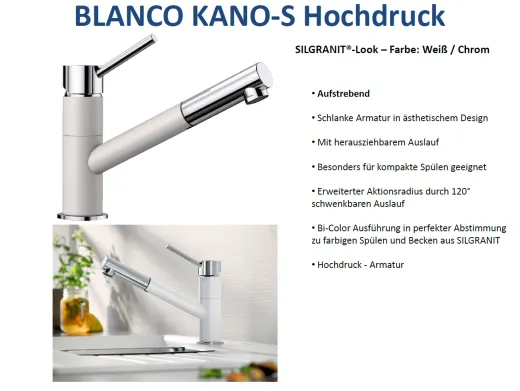 BLANCO Kchenarmatur Kano Silgranit-Look Einhebelmischer mit Zugauslauf 120 schwenkbarer Auslauf