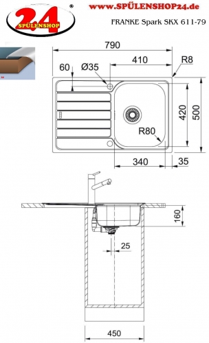 FRANKE Kchensple Spark SKX 611-79 Einbausple / Edelstahlsple mit Einbaurand und Siebkorb als Drehknopfventil