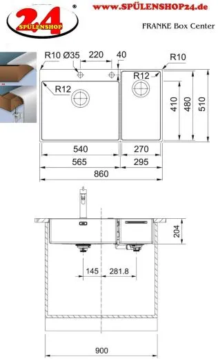 FRANKE Kchensple Box Center BWX 220-54-27 A Edelstahlsple Slimtop / Flchenbndig mit Siebkorb als Druckknopfventil