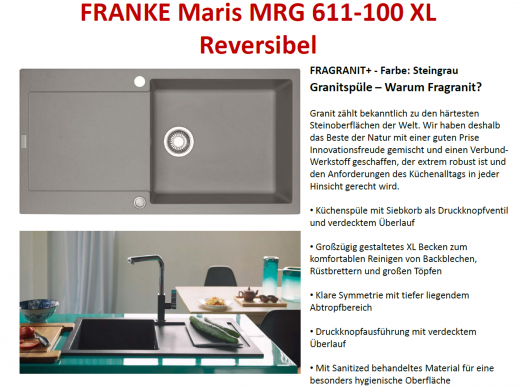 x FRANKE Kchensple Maris MRG 611-100 XL Fragranit+ Einbausple / Granitsple mit Siebkorb als Druckknopfventil