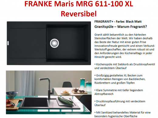 x FRANKE Kchensple Maris MRG 611-100 XL Fragranit+ Einbausple / Granitsple mit Siebkorb als Druckknopfventil