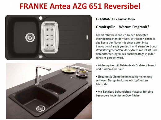 FRANKE Kchensple Antea AZG 651 Fragranit+ Einbausple / Granitsple mit Siebkorb als Drehknopfventil