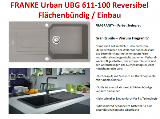 FRANKE Kchensple Urban UBG 611-100 Fragranit+ Einbausple / Granitsple Flchenbndig mit Siebkorb als Drehknopfventil