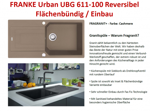 FRANKE Kchensple Urban UBG 611-100 Fragranit+ Einbausple / Granitsple Flchenbndig mit Siebkorb als Drehknopfventil