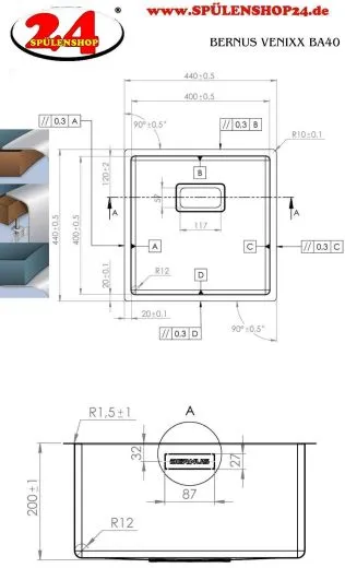 ✅ BERNUS VENIXX BA40 Einbausple 3 in 1 mit Flachrand Siebkorb als Stopfenventil
