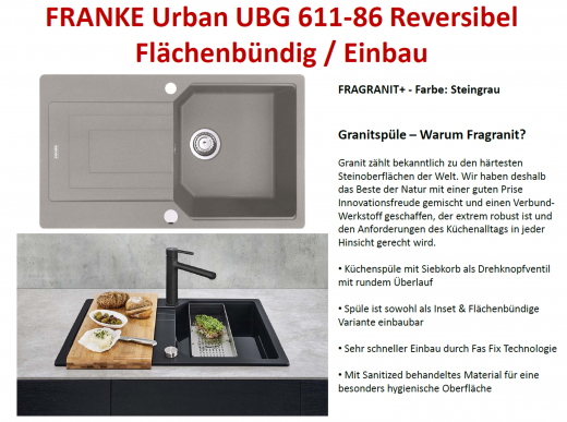 FRANKE Kchensple Urban UBG 611-86 Fragranit+ Einbausple / Granitsple Flchenbndig mit Siebkorb als Drehknopfventil