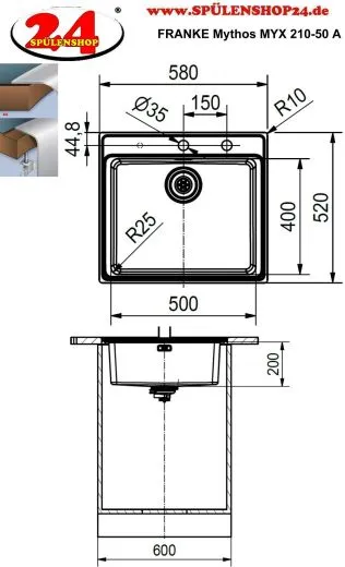 FRANKE Kchensple Mythos MYX 210-50 A Einbausple Slimtop / Flchenbndig mit Siebkorb als Druckknopfventil