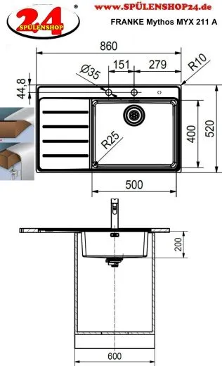FRANKE Kchensple Mythos MYX 211 A Einbausple Slimtop / Flchenbndig mit Siebkorb als Druckknopfventil