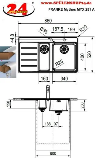 FRANKE Kchensple Mythos MYX 251 A Einbausple Slimtop / Flchenbndig mit Siebkorb als Druckknopfventil