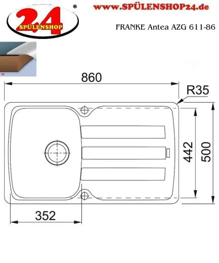 FRANKE Kchensple Antea AZG 611-86 Fragranit+ Einbausple / Granitsple mit Siebkorb als Drehknopfventil