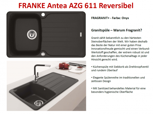 FRANKE Kchensple Antea AZG 611-86 Fragranit+ Einbausple / Granitsple mit Siebkorb als Drehknopfventil
