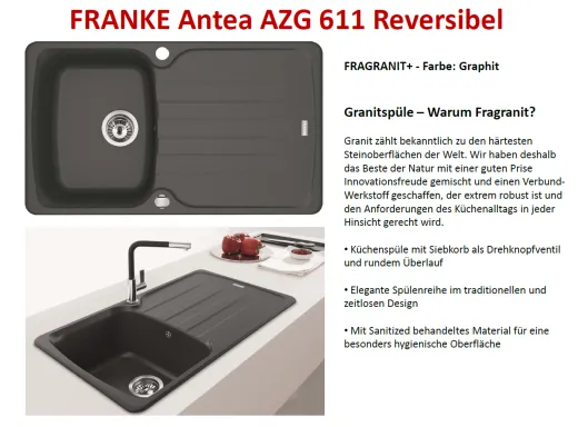 FRANKE Kchensple Antea AZG 611-86 Fragranit+ Einbausple / Granitsple mit Siebkorb als Drehknopfventil