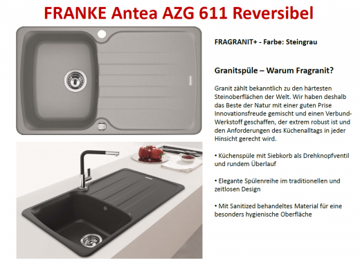 FRANKE Kchensple Antea AZG 611-86 Fragranit+ Einbausple / Granitsple mit Siebkorb als Drehknopfventil