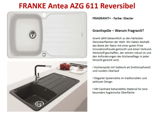 FRANKE Kchensple Antea AZG 611-86 Fragranit+ Einbausple / Granitsple mit Siebkorb als Drehknopfventil