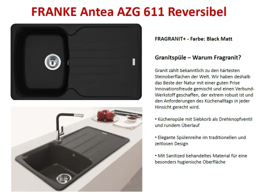 FRANKE Kchensple Antea AZG 611-86 Fragranit+ Einbausple / Granitsple mit Siebkorb als Drehknopfventil